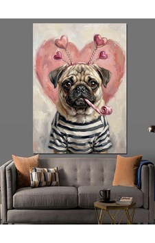 Kalp Gözlüklü Sevimli Pug Köpek Dekoratif Kanvas - Mdf Ahşap Tablo
