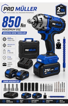 Pro Müller Profesyonel 21v Çift Akülü 850nm Torklu Kömürsüz Motor Şarjlı Darbeli Somun Sıkma Sökme Makinesi Setli Pro Müller Profesyonel 21v Çift Akülü 850nm Torklu Kömürsüz Motor Şarjlı Darbeli Somun Sıkma Sökme Makinesi Setli