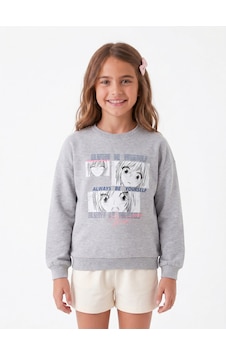 Onloox Kız Çocuk Gri Melanj Kız Çocuk Gri Melanj Pamuklu Bisiklet Yaka Tam Kalıp Şaşkın Kız Baskılı Sweatshirt 9-10 Yaş