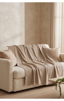İskandinav Dokulu Pamuklu Saçaklı Koltuk Örtüsü Ve Koltuk Şalı Kaymaz Terletmez 170x200 Cm Bej