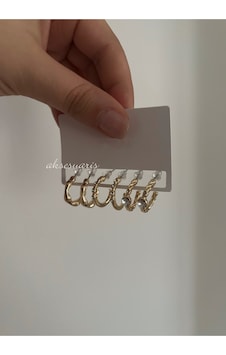 Minimal Halka Küpe Seti Taş Detaylı Vintage Burgu Kadın Küpe Kombini 6 Lı Çoklu Küpe Seti Altın Altın