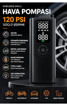 Kablosuz Akıllı Hava Pompası 120 Psı Dijital Göstergeli Type-c Şarjlı Lastik Şişirme Kompresörü Otomatik Basınç Ayarlı Led Işıklı Kablosuz Akıllı Hava Pompası 120 Psı Dijital Göstergeli Type-c Şarjlı Lastik Şişirme Kompresörü Otomatik Basınç Ayarlı Led Işıklı