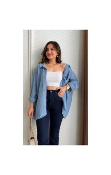 Moda Banuş İndigo Mavi Düşük Omuzlu Gömlek Moda Banuş İndigo Mavi Düşük Omuzlu Gömlek