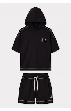 TOMMYLIFE Siyah Kapüşonlu Dikiş Detaylı Kız Çocuk Şort Takım - 75185 TOMMYLIFE Siyah Kapüşonlu Dikiş Detaylı Kız Çocuk Şort Takım - 75185