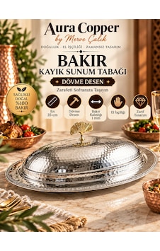 Dövme Bakır Kayık Sunum Tabağı Kapaklı Servis Sunumluk Beyaz - Gümüş