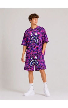 Erkek Çocuk Oversize Kalıp Pubg Bape X Shark Nakışlı Cepli Şort Takım - Mor Erkek Çocuk Oversize Kalıp Pubg Bape X Shark Nakışlı Cepli Şort Takım - Mor