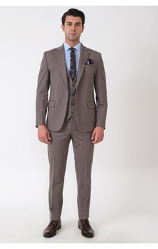 Efor Slim Fit Esnek Pamuklu Dokulu Vizon Yelekli Takım Elbise Tk 959