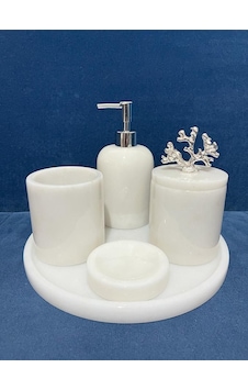 Mermer 5li Banyo Seti Beyaz - Gümüş