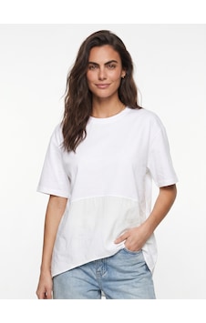 Onloox Kadın Beyaz Beyaz Viskon Karışımlı Bisiklet Yaka Kısa Kollu Oversize Garnili Asimetrik Kesim T-shirt Onloox Kadın Beyaz Beyaz Viskon Karışımlı Bisiklet Yaka Kısa Kollu Oversize Garnili Asimetrik Kesim T-shirt