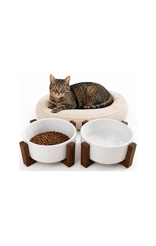 2 Li Ahşap Standlı Seramik Kedi Köpek Mama Ve Su Kabı Seti 14 Cm