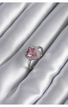 Pirinç Gümüş Renk Pembe Zirkon Taş Kalp Charm Model Kadın Yüzük Altın - Beyaz Pirinç Gümüş Renk Pembe Zirkon Taş Kalp Charm Model Kadın Yüzük Altın - Beyaz