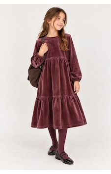 Moda Gül Kurusu - Kız Çocuk Modest Pamuk Kadife Midi Elbise Bordo Bordo