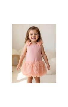 Çilek Tütülü Kız Bebek Elbise Somon Rengi Pembe