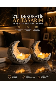 2 Li Dekoratif Ay Tasarım Mumluk Led Ambiyans Lambası, Ay Figürlü Şık Ev Dekorasyonu Füme - Gri