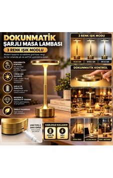Dilaratrendhouse Eskitme Gold Kasa Dokunmatik Şarjlı Masa Lambası 3 Renk Işık Modlu, Led Aydınlatmalı, Modern & Dekoratif Abajur Dlra
