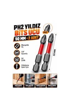 Ph2 Yıldız Bits Uç 50 Mm 2 Adet Mıknatıslı S2 Çelik 1/4 İnç Altıgen Şaftlı Vidalama Ucu Ph2 Yıldız Bits Uç 50 Mm 2 Adet Mıknatıslı S2 Çelik 1/4 İnç Altıgen Şaftlı Vidalama Ucu