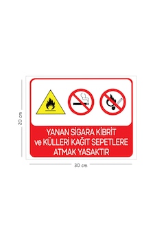Metal Yanan Sigara Kibrit Ve Külleri Kağıt Sepetlere Atmak 20x30 Cm A4 Uyarı İş Güvenliği Levhası