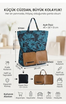 Cüzdanlı Katlanabilir Alışveriş Çantası 45x28x13 Cm Pratik Taşınabilir Pazar Market Çantası Siyah