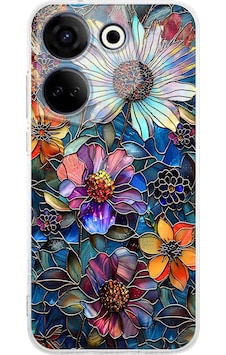 Printify Tecno Camon 20 Pro İle Uyumlu Vitray Mücevher Flora Tasarımlı Şeffaf Silikon Kılıf Şeffaf