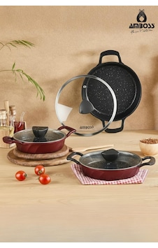 Vento 6 Parça Cam Kapaklı Döküm Sahan Omlet Seti Kırmızı Kırmızı