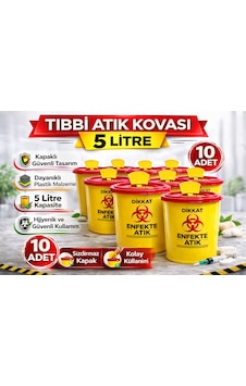 Tıbbi Atık Kovası 5 Litre 10 Adet Kapaklı Tıbbi Atık Kutusu Enfekte Atık Kovası