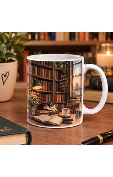 Kitap Ve Kütüphane Tema Baskılı Kupa Beyaz
