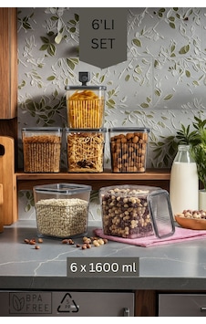 6 Parça Contalı Ve Sızdırmaz Kapaklı Saklama Kabı Seti Buzdolabı Ve Kuru Gıda Uyumlu 6x1600 Ml Şeffaf