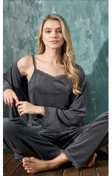 Cotonhause Kadın 3'lü Kadife Füme Pijama Takımı C1t3n402-1 001