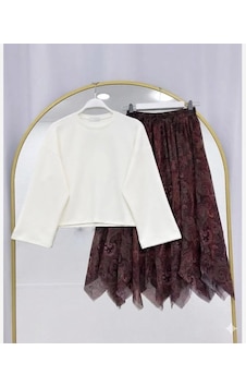 Lovie Moda Basic Bluz Asimetrik Kesim Astarlı Şifon Etekli Takım Beyaz-bordo Lovie Moda Basic Bluz Asimetrik Kesim Astarlı Şifon Etekli Takım Beyaz-bordo