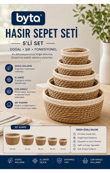 5'li Hasır Sepet Seti Doğal El Örgüsü Dekoratif Düzenleyici Organizer Saklama Sepeti 23-21-18-16-13 Cm Kahverengi