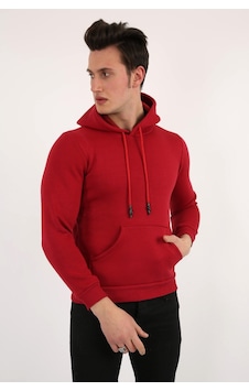 Modish Üç İplik Şardonlu Kapşonlu Düz Erkek Günlük Sweatshirt Bordo