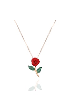 925 Ayar Gümüş Yeşil Yapraklı Kırmızı Gül Rose Zincirli Kadın Kolye Rose