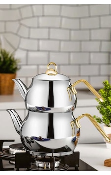 Polochef Nostaji Çaydanlık 18/10 Paslanmaz Çelik Orta Boy Gold Saplı Gümüş Polochef Nostaji Çaydanlık 18/10 Paslanmaz Çelik Orta Boy Gold Saplı Gümüş