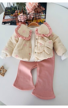 Minigimin Cicileri Çiçek Nakışlı Fırfır Yaka Kışlık Montlu Kız Bebek 3 Lü Takım - Krem Minigimin Cicileri Çiçek Nakışlı Fırfır Yaka Kışlık Montlu Kız Bebek 3 Lü Takım - Krem