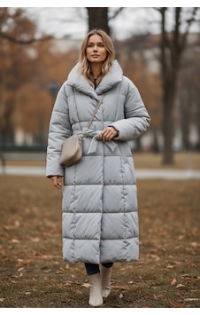 Feg Store Kadın Dik Yaka Kuşaklı Maxi Boy Gri Şişme Mont