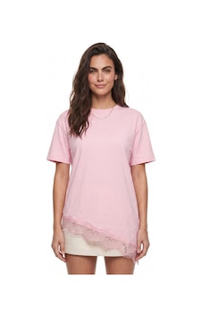 Onloox Kadın Pembe Pembe Yumuşak Kumaş Kısa Kollu Rahat Kalıp Asimetrik Kesim Dantel Detaylı T-shirt