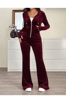 Bhrwear Kadın Uzun Kollu Kapşonlu Ve Önden Fermuarlı Cepli Kadife Bluz Ve Pantolon Ikili Takım Çok Renkli