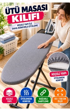 Gri Ütü Masası Kılıfı 50x130 Cm Keçeli Bağcıklı Ütü Bezi Örtüsü Pratik Kullanım Yedek Kılıf Gri Renk