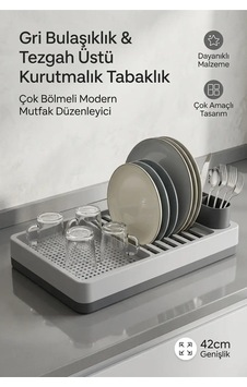 Kurutmalık Tabaklık Gri Tezgah Üstü Bulaşıklık Bardaklık Standı Mutfak