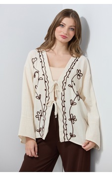 Fullamoda Nakışlı Önü Bağcıklı Keten Görünümlü Kimono Bej Fullamoda Nakışlı Önü Bağcıklı Keten Görünümlü Kimono Bej