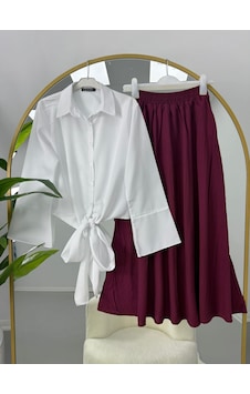 Lovie Moda Önden Bağlamalı Gömlek Jakarlı Etekli Takım Bordo Lovie Moda Önden Bağlamalı Gömlek Jakarlı Etekli Takım Bordo