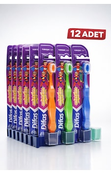 Difaş Kids Çocuk Diş Fırçası 12 Adet Standlı Yumuşak Kıllı Koruyucu Kapaklı Toplu Paket