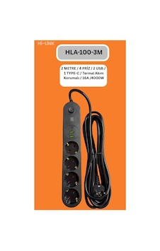 Hi-link Hla-100-3 3 Metre 4 Priz 2 Usb 1 Type-c Termal Akım Korumalı 16a 4000w 0.35 M Hi-link Hla-100-3 3 Metre 4 Priz 2 Usb 1 Type-c Termal Akım Korumalı 16a 4000w 0.35 M