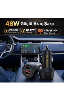 Polham 48w Süper Hızlı Type C Ve Usb Girişli Araç İçi Şarj Cihazı, Pd 30w + Qc 18w Çift Port 12v/24v 1 Adet Polham 48w Süper Hızlı Type C Ve Usb Girişli Araç İçi Şarj Cihazı, Pd 30w + Qc 18w Çift Port 12v/24v 1 Adet