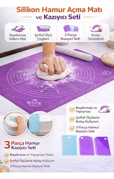 Silikon Hamur Açma Matı Ölçekli Hamur Açma Altlığı Ve 3'lü Hamur Kesici Kazıyıcı Dekoratör Set Renkli