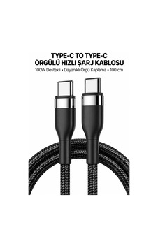 100 W Type C To Type C Hızlı Şarj Kablosu Örgülü Kablo 100 Cm Siyah 100 W Type C To Type C Hızlı Şarj Kablosu Örgülü Kablo 100 Cm Siyah