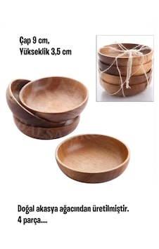 Dekoratif Çerezlik Tabak, Doğal Ahşap Akasya Çerezlik 9 Cm, 4'lü Set Kahverengi