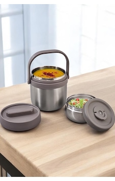 Digithome Bento Taşınabilir Paslanmaz Çelik Yemek Kabı Termosu Lunch Box Yuvarlak 1400ml Bej