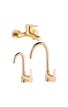 3 Lü Set Kaliteli Gold Renk Lüx Gövde Mutfak Eviye Lavabo Ve Banyo Musluğu Bataryası Sıcak Soğuk Altın