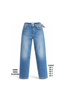 Miss Poem Kadın Mavi Fular Detaylı Yüksek Bel Mom Fit Jean Pantolon